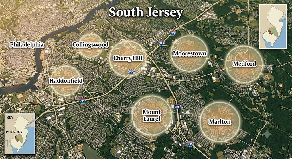 Aerial map of South Jersey highlighting the best neighborhoods in South Jersey including Haddonfield, Collingswood, Cherry Hill, Moorestown, Medford, Mount Laurel, and Marlton