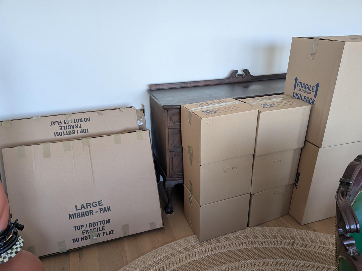Specialty packing services in South Jersey — labeled fragile and mirror boxes packed by Aron Movers