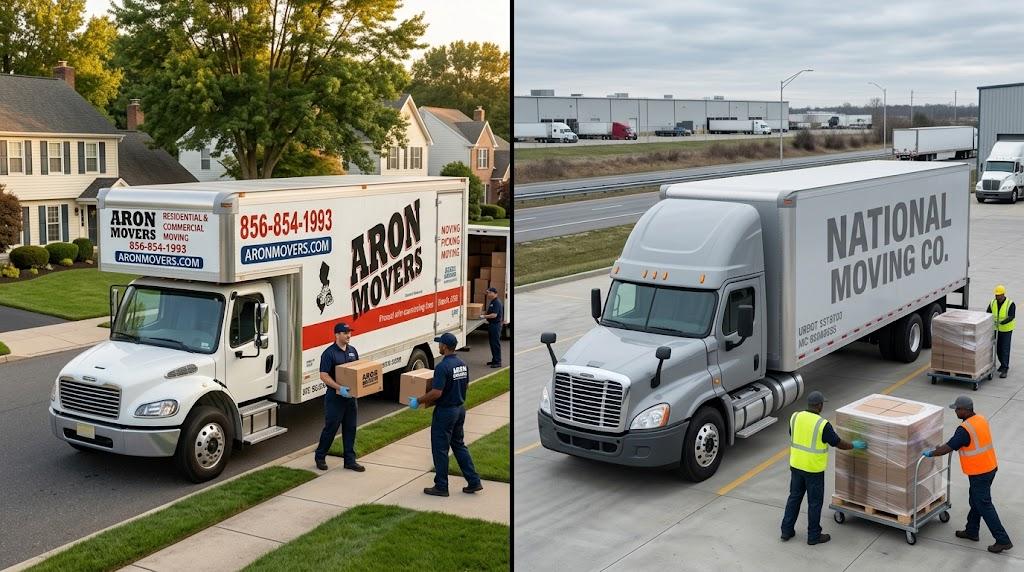 Local movers vs national van lines comparison featuring Aron Movers truck alongside a generic national carrier for South Jersey relocations.