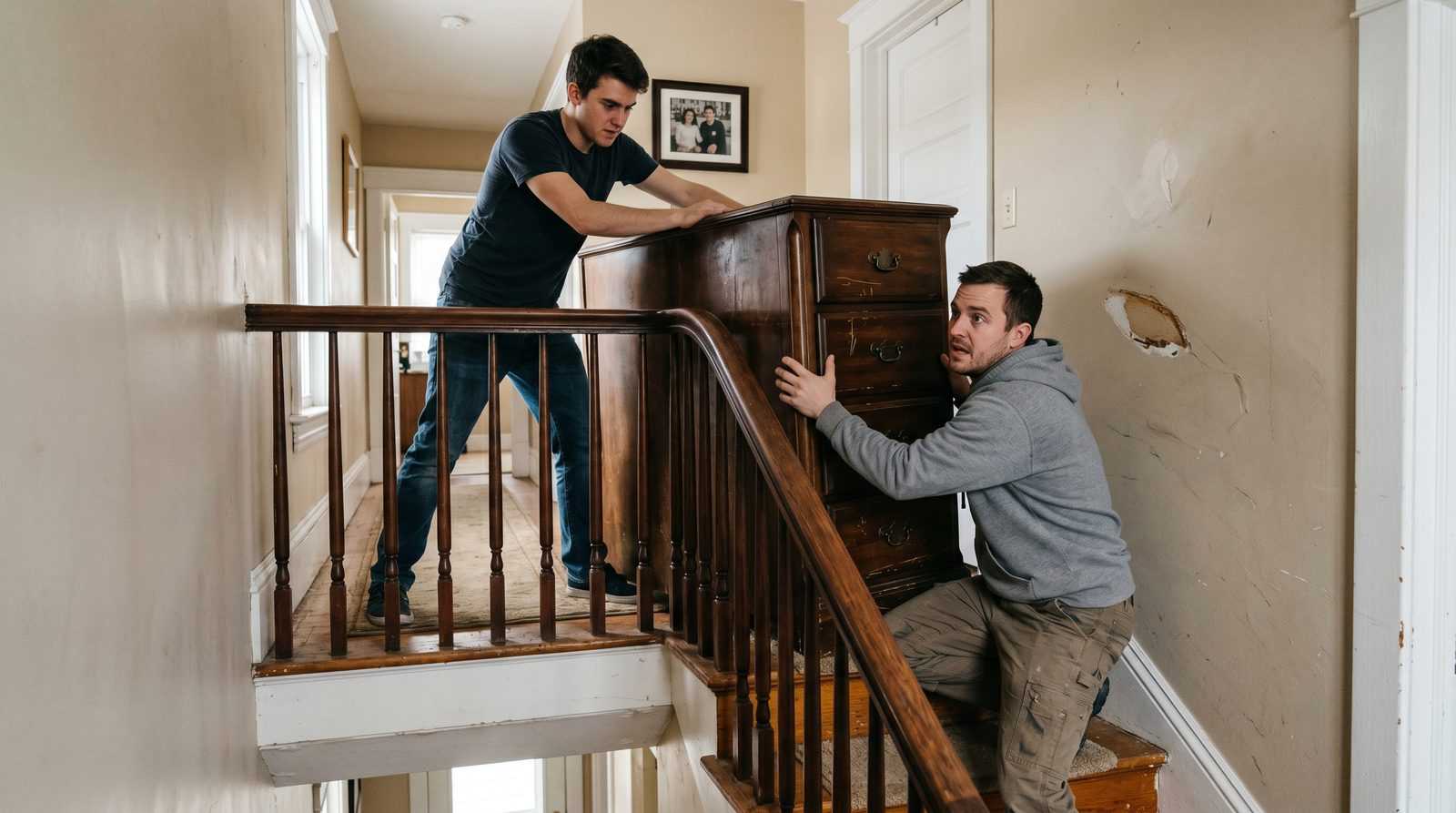 Furniture stuck on a narrow staircase, a common risk when renting a U-Haul for a South Jersey move