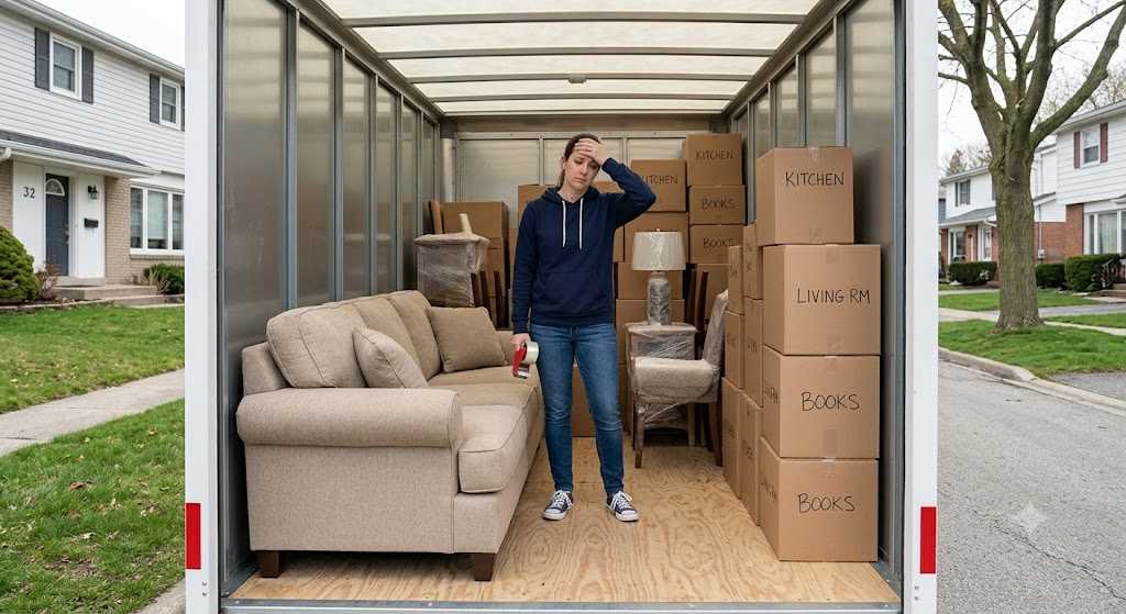 Woman frustrated inside a packed PODS container with couch sitting flat on its feet taking up floor space