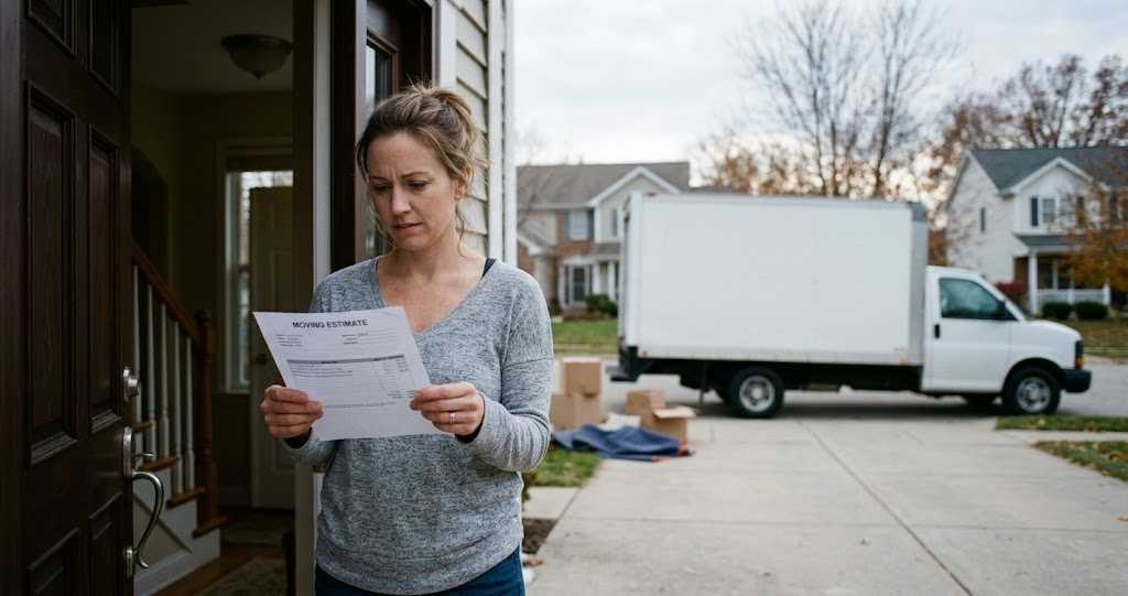 Moving company red flags — reviewing an estimate before signing with an unmarked moving truck outside.